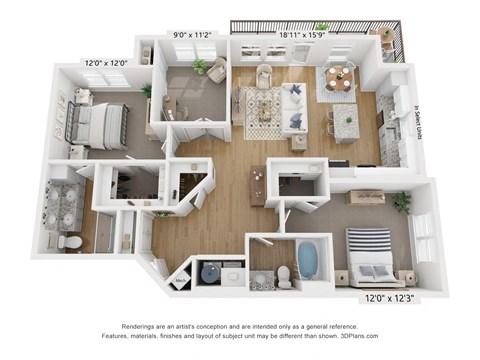 Floor plan for 2 beds, 2 baths, 1285 sqft
